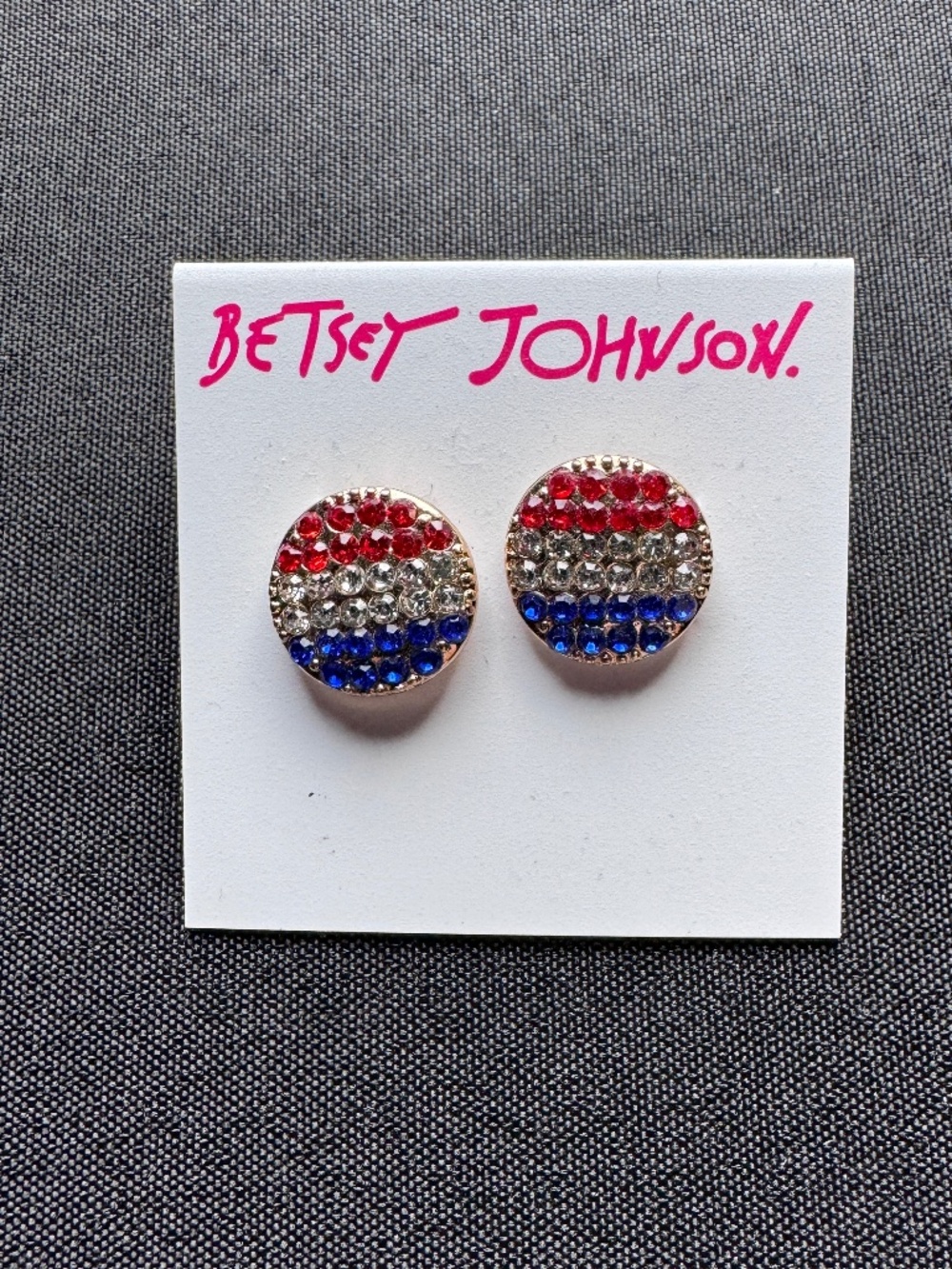 BETSEY JOHNSON  RED WHITE BLUE RHINESTONE BUTTON EARRINGS